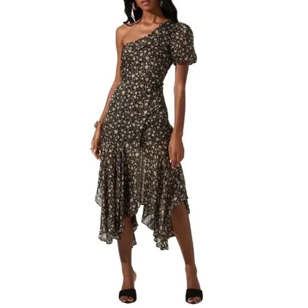 Astr Black and Brown Asymmetrical One Shoulder Dress
